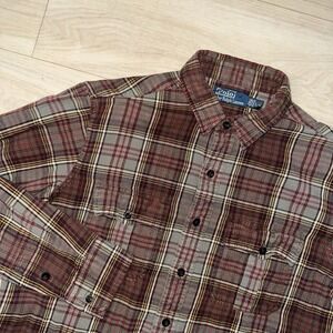 Vintage 90s Polo Ralph Lauren Dungarees Flannel Work Shirt Size Large Red Gray
